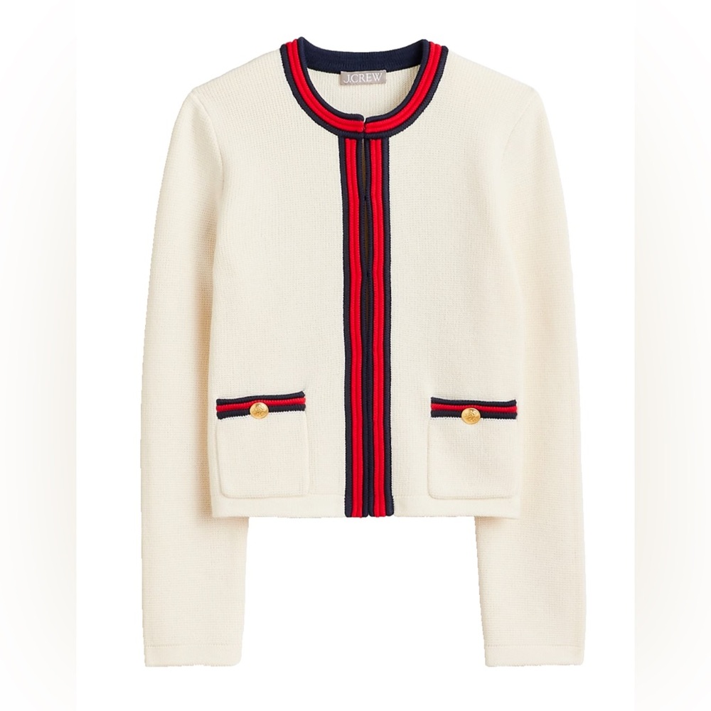 J.Crew Emilie Sweater Lady Jacket in Ivory Red Navy Contrast Trim